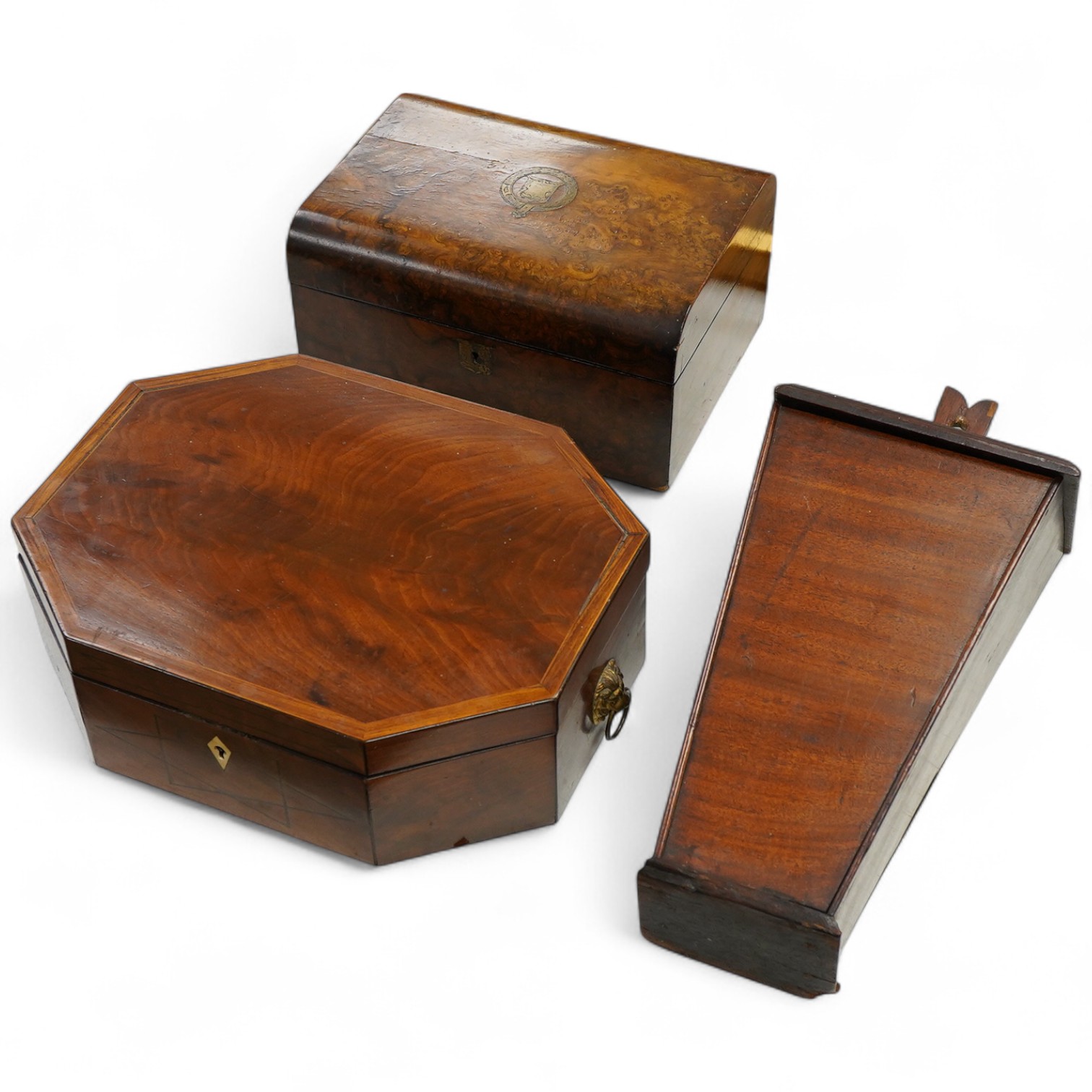 A George III octagonal work box, with various sewing accessories, a candle box and a burr walnut box, largest 35cm wide